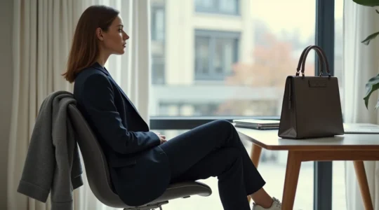 Professionelle Frau in modernem Athleisure-Business-Outfit mit Blazer und Sneakern an Büroschreibtisch, minimalistisches Ambiente mit Fensterausblick