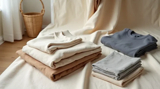 Hochwertiges Kleiderschrank-Arrangement mit minimalistischen Basics und durchdachtem Design, das bewusstes Modeverhalten in Deutschland symbolisiert.