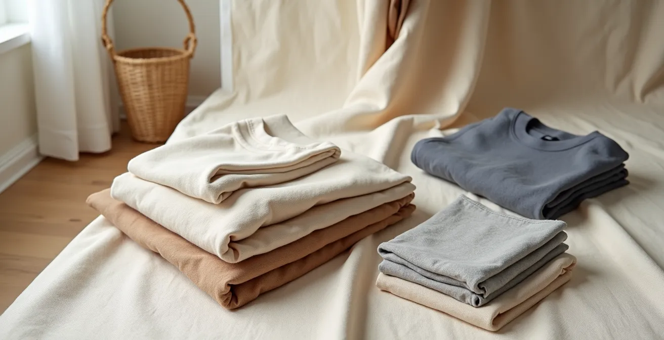 Hochwertiges Kleiderschrank-Arrangement mit minimalistischen Basics und durchdachtem Design, das bewusstes Modeverhalten in Deutschland symbolisiert.