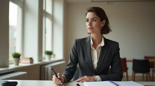 Eine professionelle deutsche Geschäftsfrau in klassischem Businessoutfit sitzt selbstbewusst an einem modernen Arbeitsplatz, umgeben von minimalistischer nordischer Designästhetik