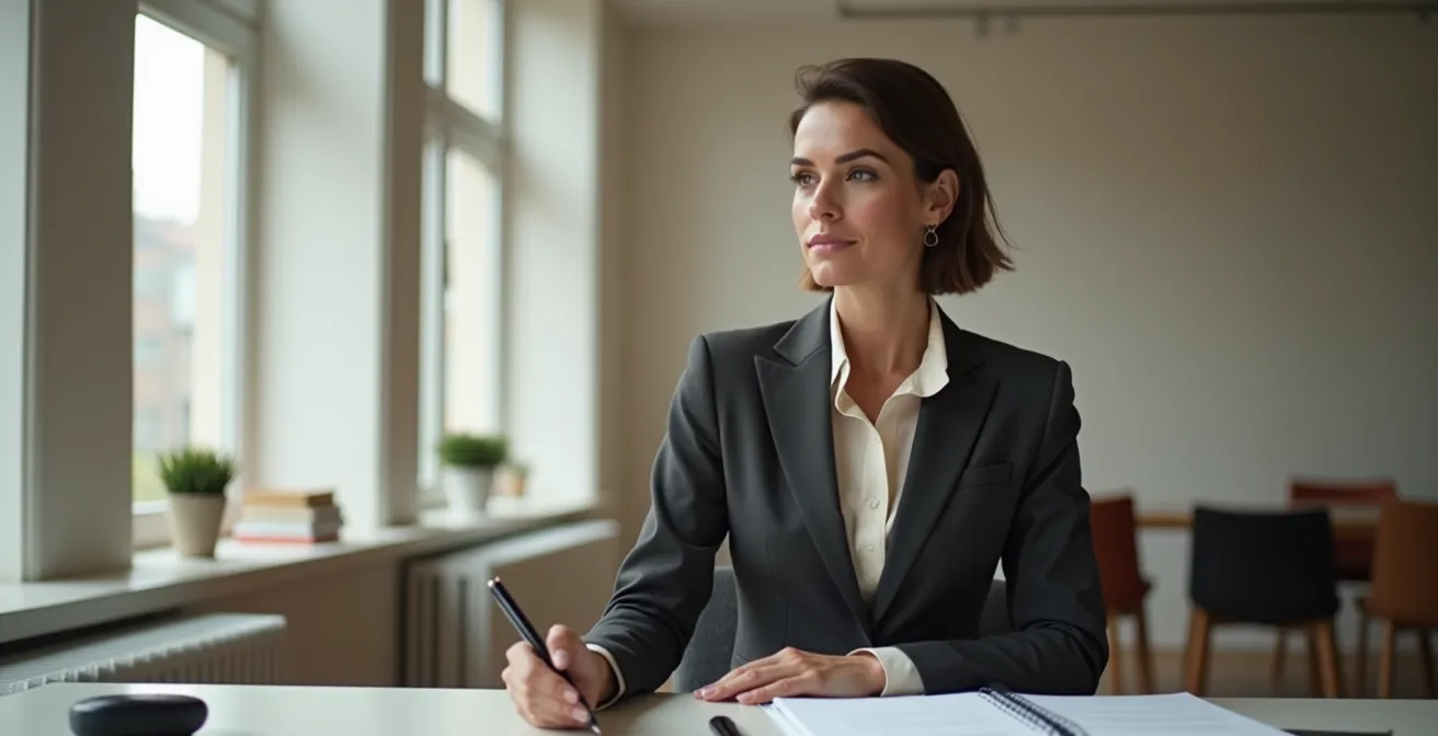 Eine professionelle deutsche Geschäftsfrau in klassischem Businessoutfit sitzt selbstbewusst an einem modernen Arbeitsplatz, umgeben von minimalistischer nordischer Designästhetik