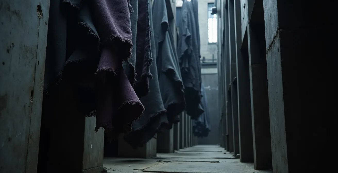 Detailaufnahme dekonstruierter Kleidungselemente mit organischen Formen, die die Berliner Clubkultur und ihre Verbindung zur Mode widerspiegeln, mit dunkler, texturierter Ästhetik.