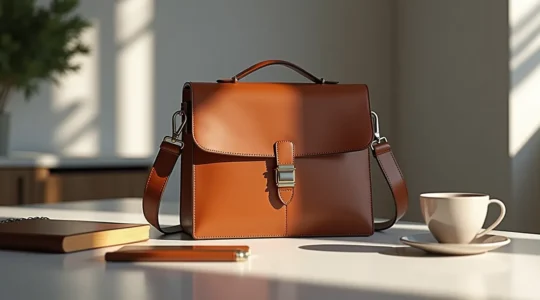 Eine hochwertige, elegante Designertasche aus Leder auf einem minimalistischen Schreibtisch in einem deutschen Büro, mit natürlicher Beleuchtung und subtilen Elementen von Wohlstand und zeitloser Qualität.