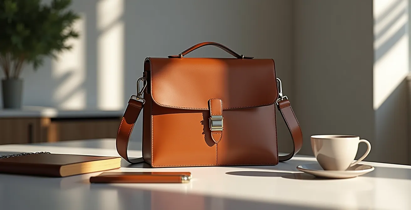 Eine hochwertige, elegante Designertasche aus Leder auf einem minimalistischen Schreibtisch in einem deutschen Büro, mit natürlicher Beleuchtung und subtilen Elementen von Wohlstand und zeitloser Qualität.