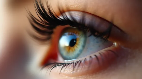 Nahaufnahme einer Frau mit perfekt definierten, separierten Wimpern in einem eleganten Fächer-Look, mit natürlicher Beleuchtung und subtiler Filmkorn-Textur.