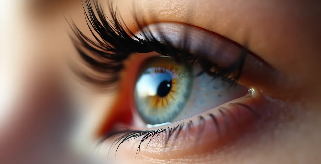 Nahaufnahme einer Frau mit perfekt definierten, separierten Wimpern in einem eleganten Fächer-Look, mit natürlicher Beleuchtung und subtiler Filmkorn-Textur.