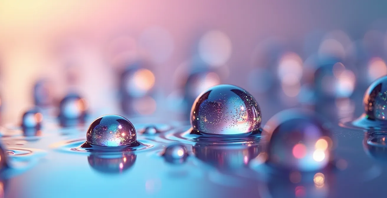 Makrofotografie von Wassertropfen auf Glas mit prismatischen Farbeffekten, die den neurochemischen Kaskadeneffekt beim Shopping symbolisiert.