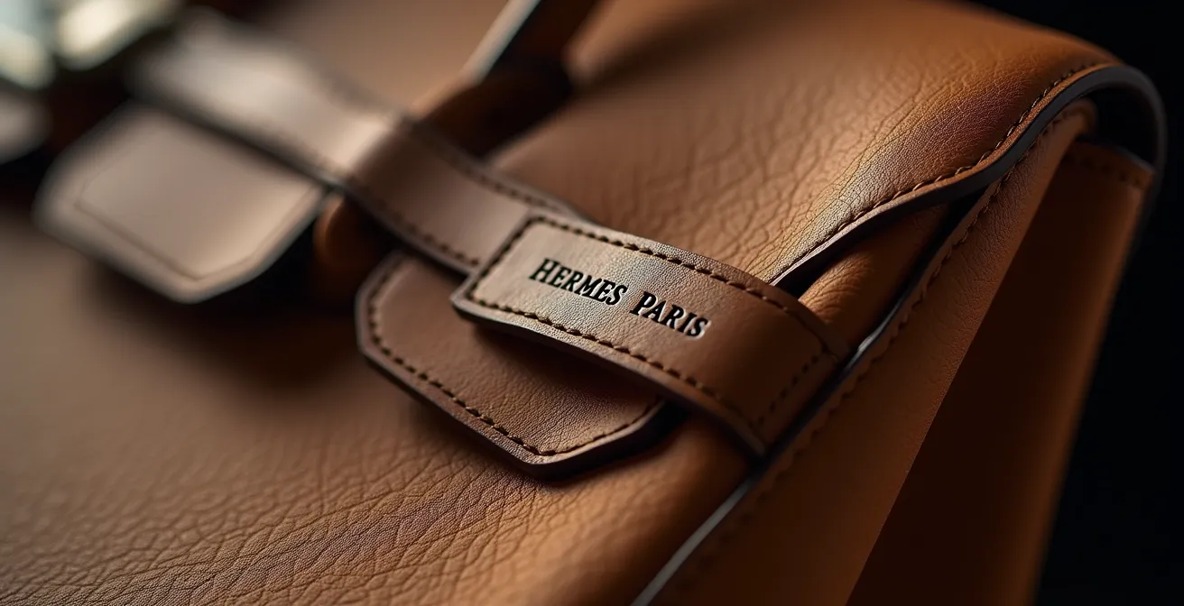Detaillierte Nahaufnahme einer Hermès Birkin Bag mit visuellen Markierungen, die echte Qualitätsmerkmale von gefälschten Versionen unterscheiden – Blindstamp, Hardware, Ledertextur und Nähte.