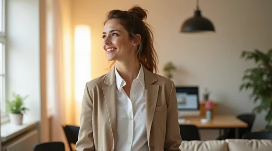 Eine dynamische Frau in effizienter Mode zwischen Arbeit und Freizeit - symbolisiert Zeitersparnis und Selbstbewusstsein