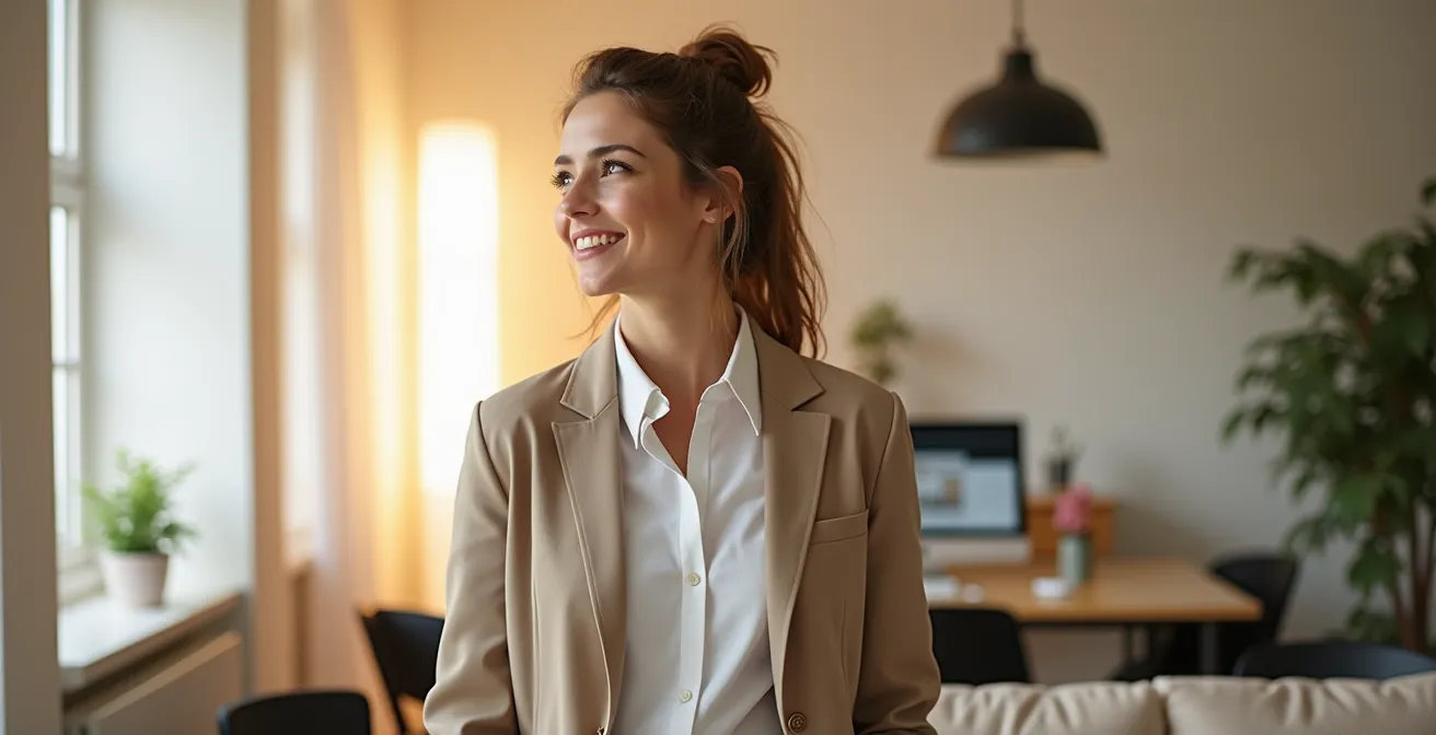 Eine dynamische Frau in effizienter Mode zwischen Arbeit und Freizeit - symbolisiert Zeitersparnis und Selbstbewusstsein