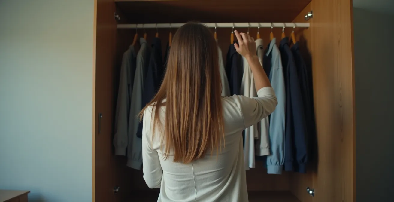 Eine Frau vor einem überladenen Kleiderschrank mit Gedankenwolken, die symbolisch verschiedene Optionen darstellen
