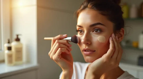 Eine junge Frau mit mittlerem Hautton trägt sorgfältig Foundation mit einem Pinsel auf, umgeben von deutschen Drogerienmarkt-Elementen wie Flaschen und Cremedosen in warmer Beleuchtung.