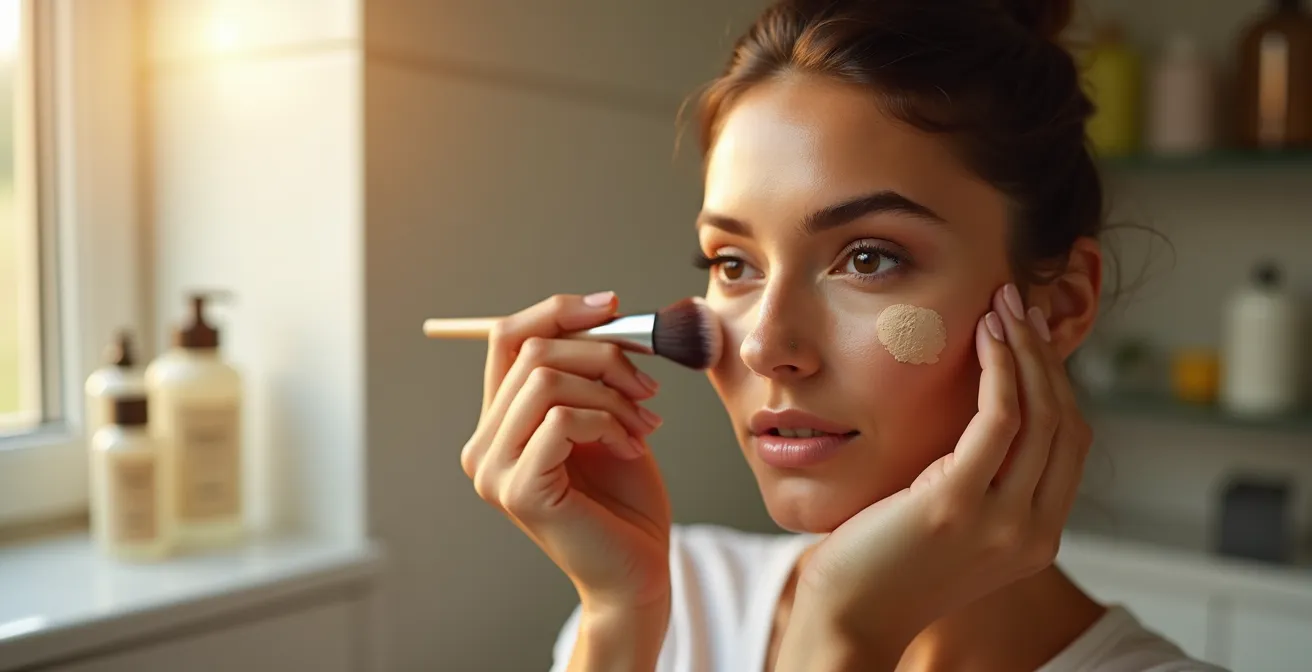 Eine junge Frau mit mittlerem Hautton trägt sorgfältig Foundation mit einem Pinsel auf, umgeben von deutschen Drogerienmarkt-Elementen wie Flaschen und Cremedosen in warmer Beleuchtung.