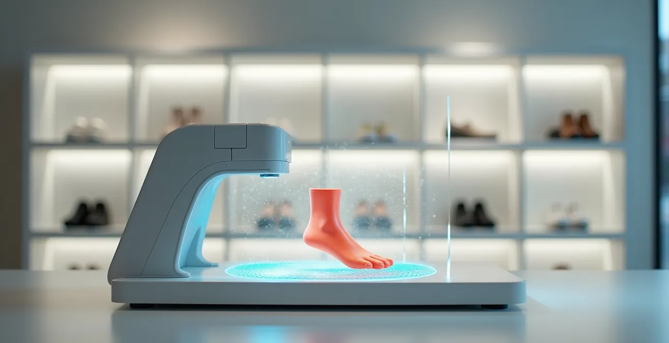 Digitale 3D-Vermessung eines Fußes mit moderner Laser-Scan-Technologie in einer Fachhandlung, zeigt innovatives Schuhfitting für perfekte Passform.