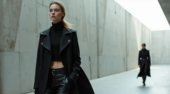 Eine Gruppe eleganter Kleidungsstücke auf einem minimalistischen Laufsteg mit deutschen Design-Elementen, das die Essenz der modernen deutschen Mode einfängt.