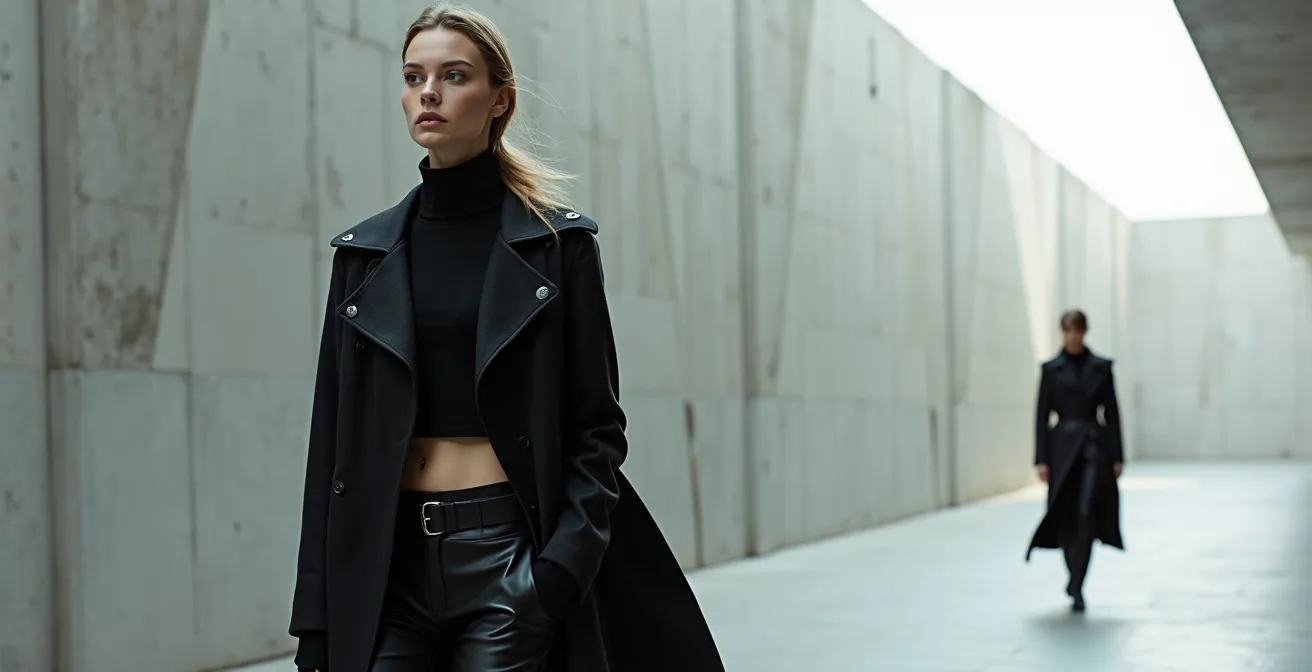 Eine Gruppe eleganter Kleidungsstücke auf einem minimalistischen Laufsteg mit deutschen Design-Elementen, das die Essenz der modernen deutschen Mode einfängt.