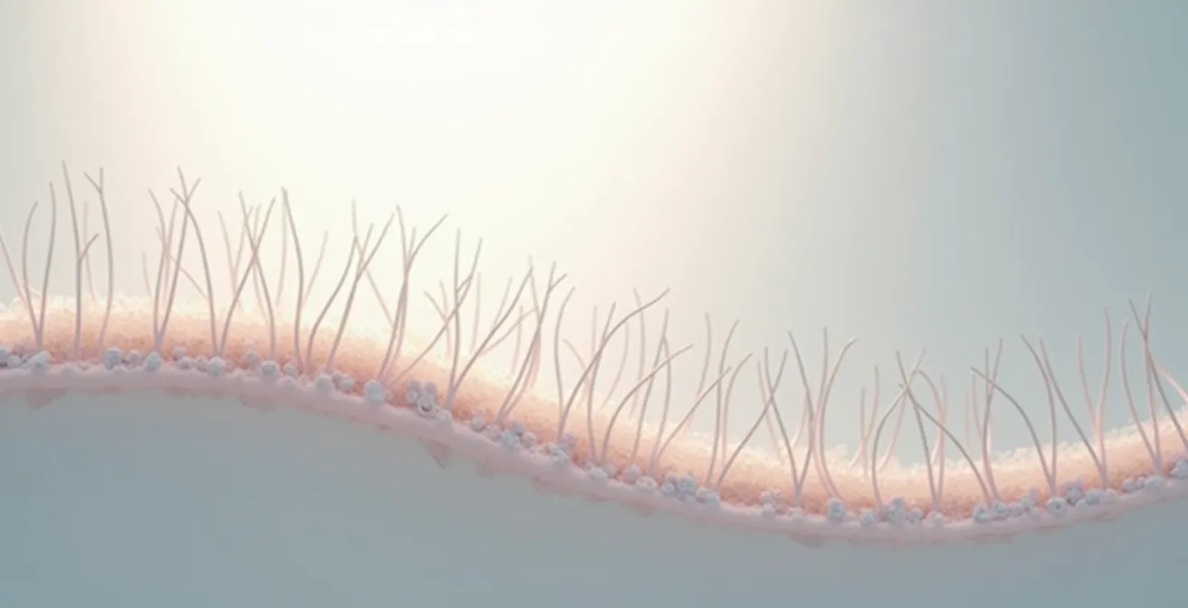 Künstlerische Darstellung der inneren Struktur eines Haarschafts mit Keratinschichten, zeigt wie Stufenschnitte und Volumenprodukte zusammenwirken