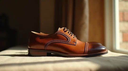 Ein meisterhaft handwerklich gefertigter Premium-Lederschuh mit rahmengenähter Verarbeitung, fotografiert in professionellem Editorial-Stil, zeigt detailreich die Qualität der Nähte und das feine Leder.