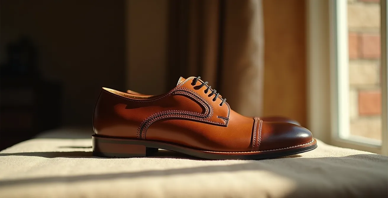 Ein meisterhaft handwerklich gefertigter Premium-Lederschuh mit rahmengenähter Verarbeitung, fotografiert in professionellem Editorial-Stil, zeigt detailreich die Qualität der Nähte und das feine Leder.