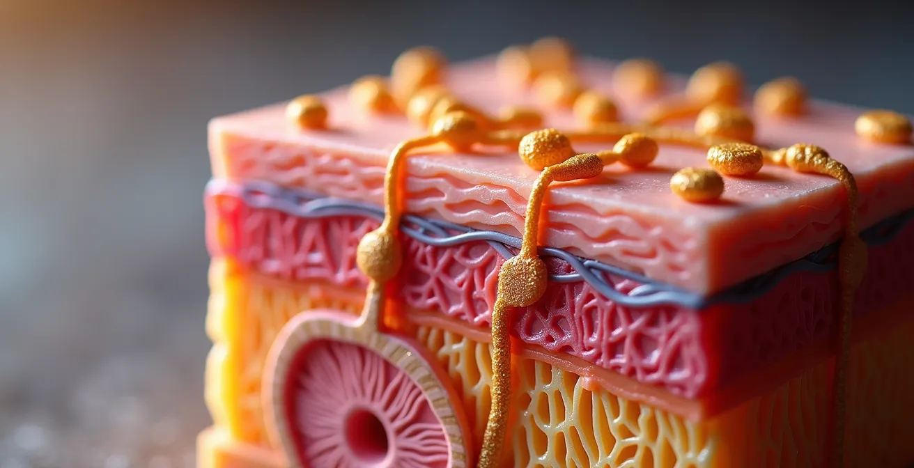 Ein Querschnitt der Hautschichten mit leuchtenden Ceramiden und Niacinamid-Molekülen, die eine schützende Schicht bildenden, mit einer darüber liegenden Foundation-Schicht.