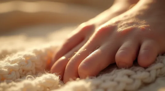 Nahaufnahme verschiedener Naturmaterialien wie Wolle, Leinen und Seide mit hautfreundlicher Textur, die um menschliche Haut drapiert sind, in warmer Beleuchtung.