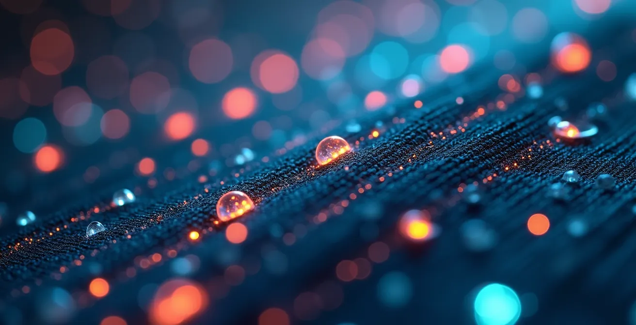 Nahaufnahme leuchtender Textilien mit integrierten LED-Fäden und thermischen Heizelementen, deutsche Ingenieurskunst