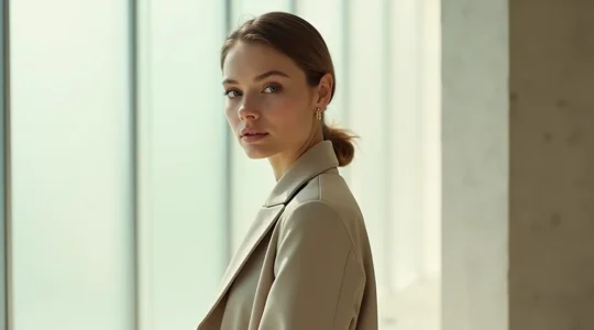 Elegante Frau vor minimalistischem Hintergrund, die Autorität und Selbstbewusstsein durch durchdachte Mode ausdrückt