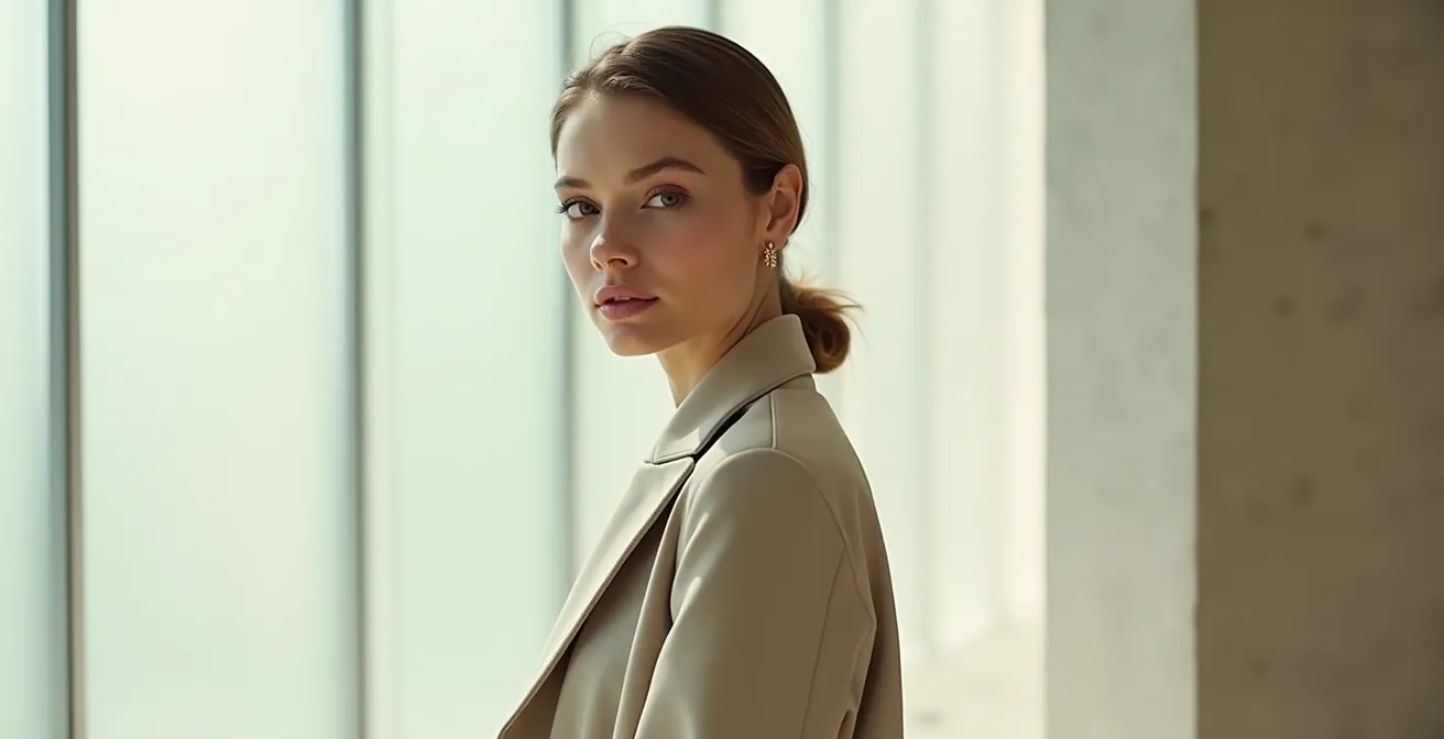 Elegante Frau vor minimalistischem Hintergrund, die Autorität und Selbstbewusstsein durch durchdachte Mode ausdrückt