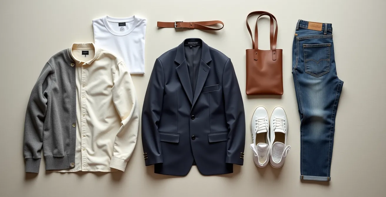 Hochwertige Capsule-Wardrobe-Basics in Studio-Setting: Neutrale Farbtöne, perfekt kombinierbar, zeitlose deutsche Design-Philosophie