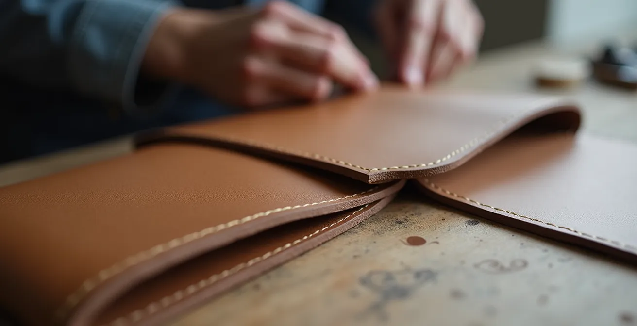 Extreme Nahaufnahme einer perfekt versiegelten Lederkante einer Luxustaschen mit mehrschichtiger Kantenfarbe und feiner Verarbeitung, zeigt deutsches Handwerk.