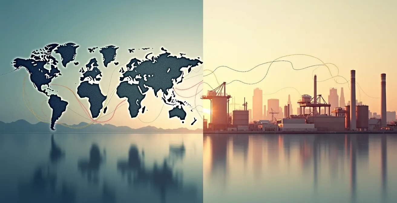 Visuelle Gegenüberstellung zweier Lieferketten: Moderne Logistik-Infrastruktur mit Transparenz-Symbolen