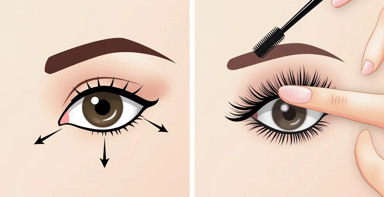 Detaillierte Illustration von drei verschiedenen Wimpernbereichen (innen, Mitte, außen) mit visuellen Pfeilen, die die Zick-Zack- und Rollbewegungen für optimale Mascara-Applikation zeigen.