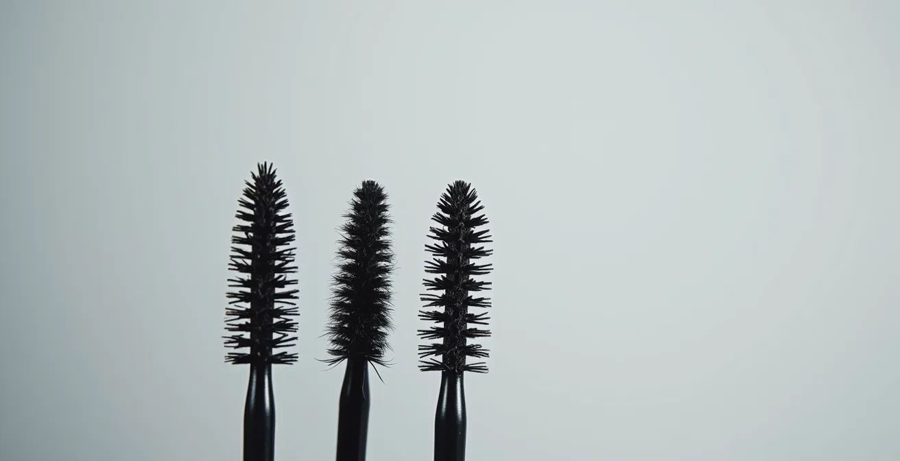 Detaillierte Nahaufnahme verschiedener Mascara-Bürstentypen interagierend mit verlängerten serum-behandelten Wimpern
