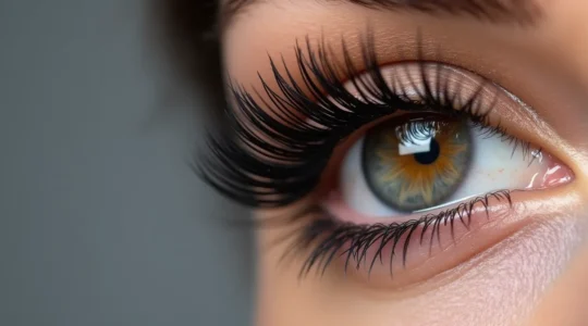 Nahaufnahme einer Frau mit präzise geschminkten, gewölbten Wimpern, professionelle Kosmetik-Fotografie