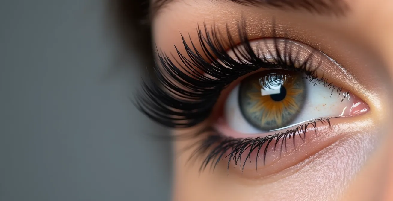 Nahaufnahme einer Frau mit präzise geschminkten, gewölbten Wimpern, professionelle Kosmetik-Fotografie