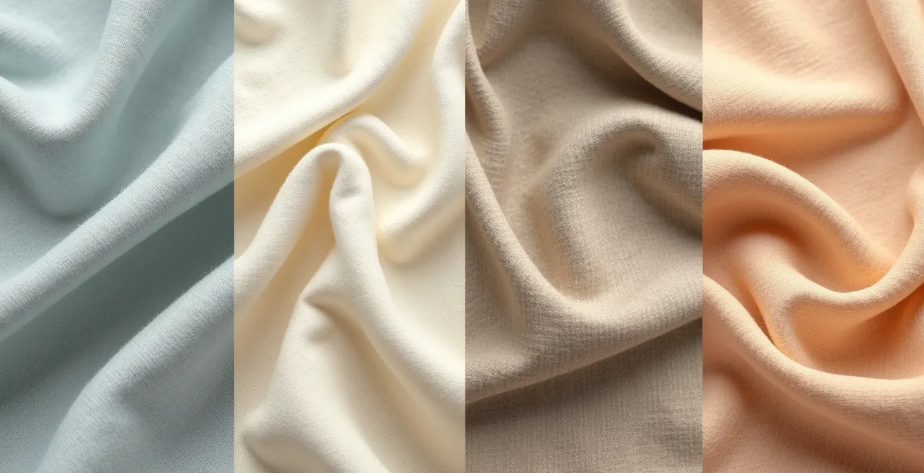 Symbolische Darstellung der vier Jahreszeiten mit entsprechenden Naturmaterialien (Wolle, Leinen, Merinowolle) in ihrer optimalen Umgebung