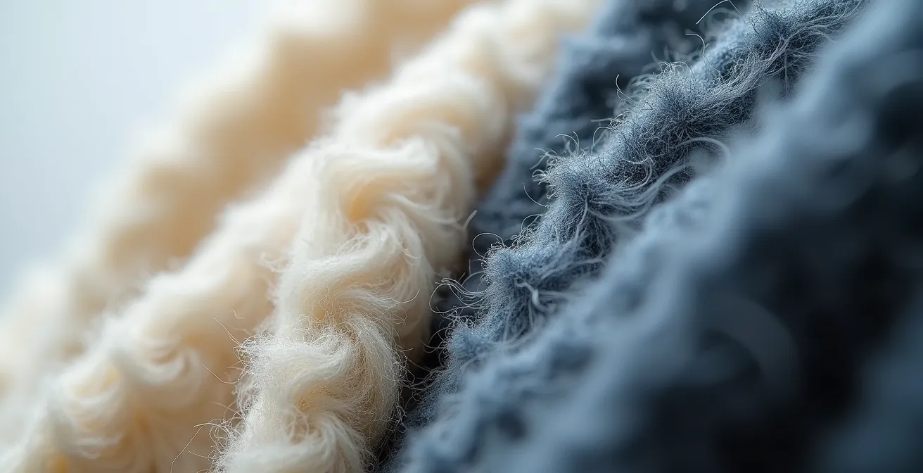 Makrofotografie von Merino-Wolle und Tencel-Fasern nebeneinander, hochwertige Faserstruktur mit Texturdetails, minimalistischer weißer Hintergrund
