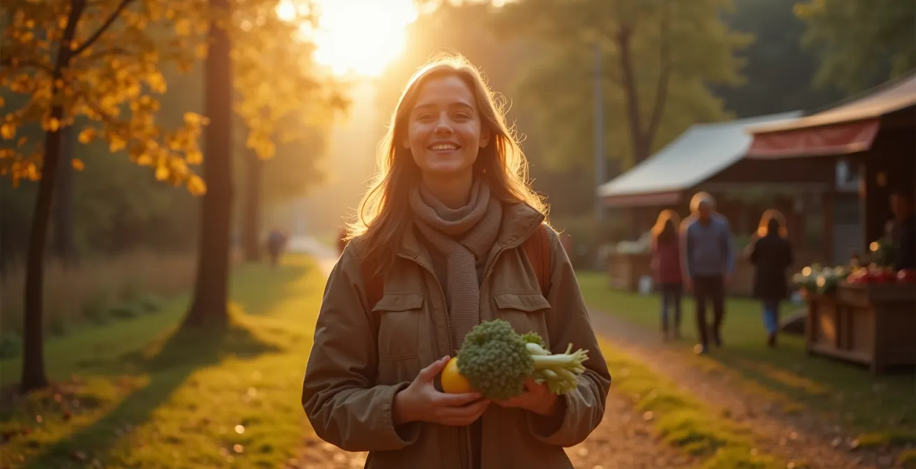 Deutsche Outdoor- und Freizeit-Aktivitäten als Shopping-Alternativen: Waldspaziergang, Wochenmarkt, Vereinstreffen