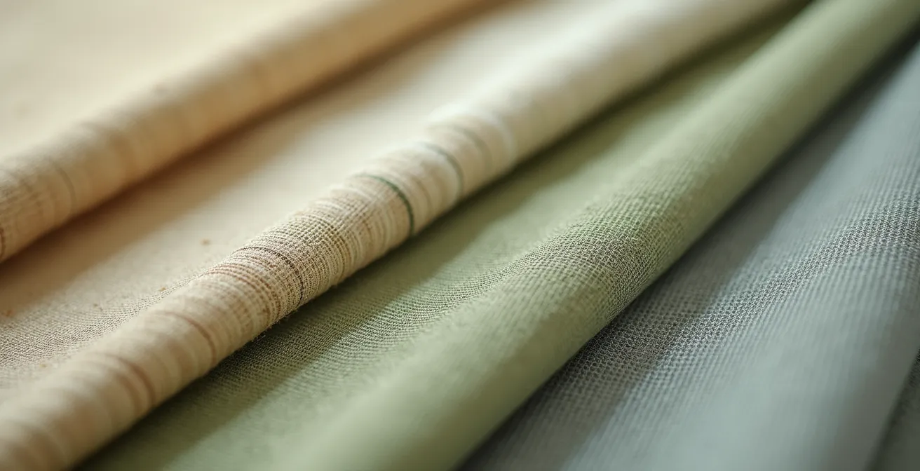 Makroaufnahme nachhaltiger Textilmaterialien mit detaillierten Fasern, Farben und Strukturen, die umweltbewusste Mode-Innovation symbolisieren.