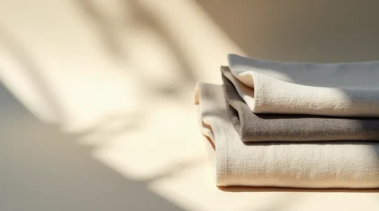 Editorial-Fotografie: Hochwertige Textilien mit Nachhaltigkeitszertifikaten und Qualitätsmerkmalen arrangiert in Studio-Setting