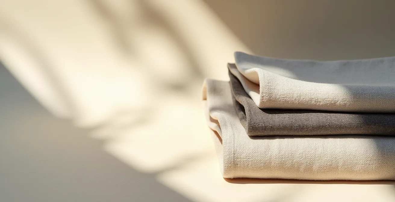 Editorial-Fotografie: Hochwertige Textilien mit Nachhaltigkeitszertifikaten und Qualitätsmerkmalen arrangiert in Studio-Setting