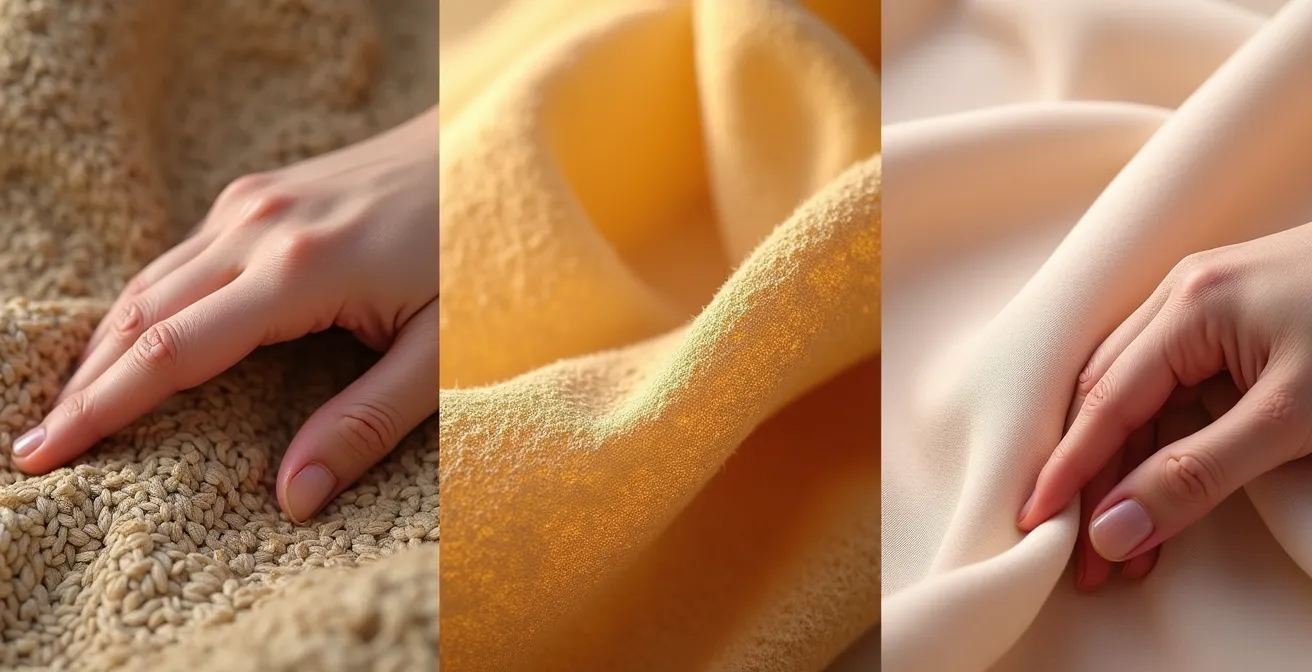 Vergleichende Nahaufnahme von Hanf-, Tencel- und Lodentexturen, die ihre einzigartigen Eigenschaften und Oberflächenstrukturen zeigen