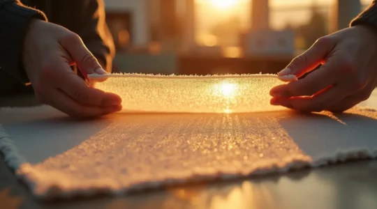 Nahaufnahme innovativer deutscher Textilien mit modernen Materialien und subtilen technischen Details, professionelle Produktfotografie