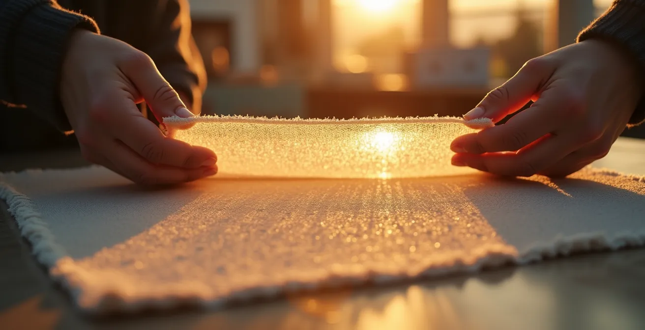 Nahaufnahme innovativer deutscher Textilien mit modernen Materialien und subtilen technischen Details, professionelle Produktfotografie