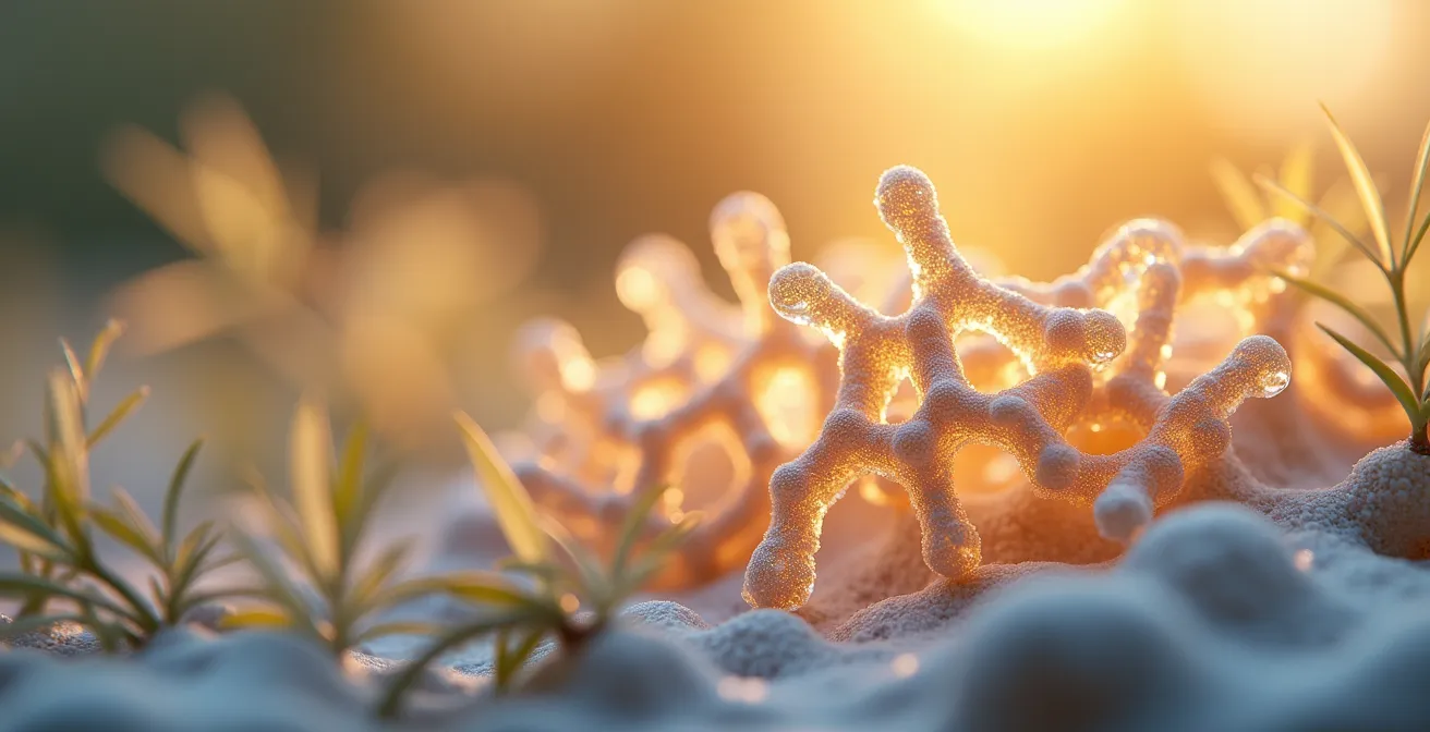 Künstlerische Visualisierung von Peptidmolekülen, die Keratinketten stabilisieren und mit Wimpernfollikeln interagieren