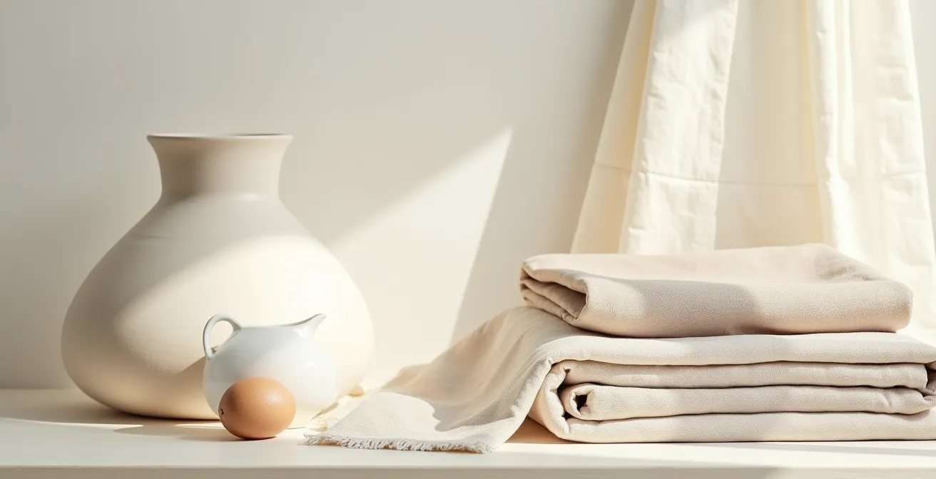 Minimalistisches Arrangement von hochwertigen Materialien und nachhaltigen Textilien, die den 'Quiet Luxury' Trend und langfristige Modeentscheidungen visualisiert