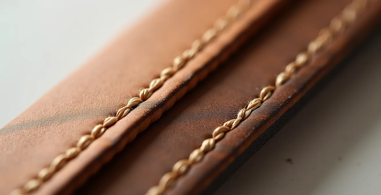 Nahaufnahme-Detailvergleich zwischen rahmengenähter Premiumnaht und minderwertiger Billignaht an Schuhen, zeigt Handwerksqualität.