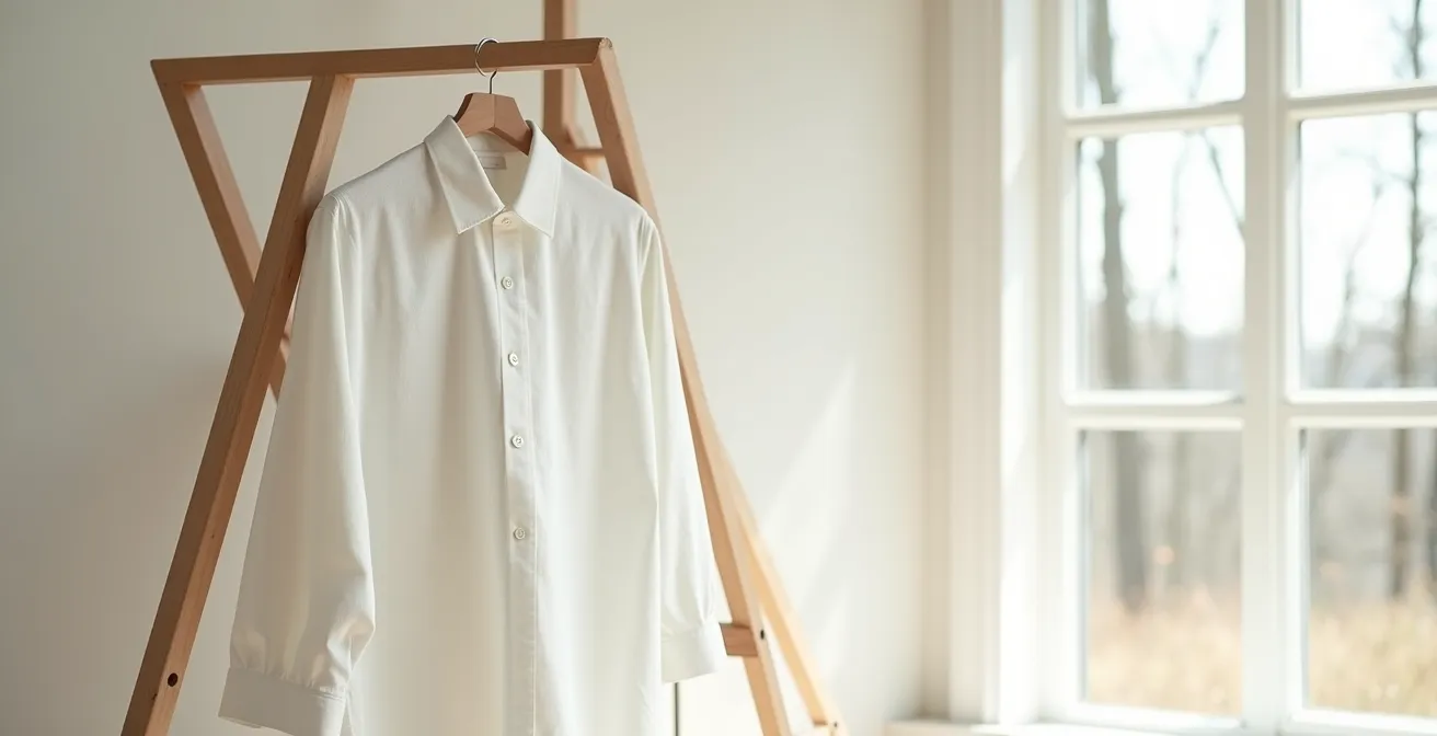 Futuristisches weißes Hemd mit selbstreinigenden Nanotexturen und digitaler Anpassungstechnologie, minimalistisches Layout