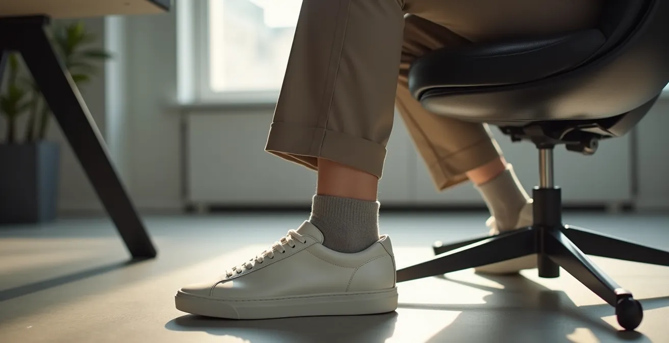 Nahaufnahme: Beine einer Frau mit Business-Anzug, weißem Leder-Sneaker und dezenten grauen Socken, minimalistische Büro-Bodenkomposition