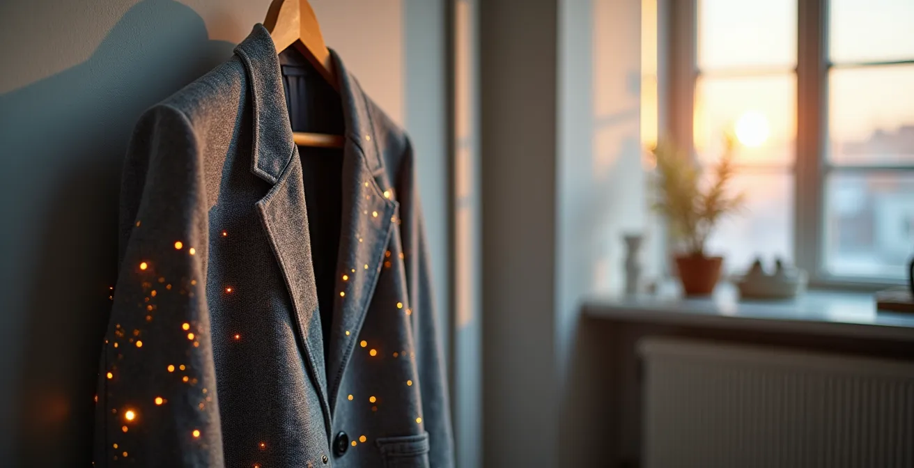 Futuristisches Hemd mit integrierten LED-Fäden und Sensoren, technologische Nähte und digitale Verwebung, deutsche Ingenieurskunst